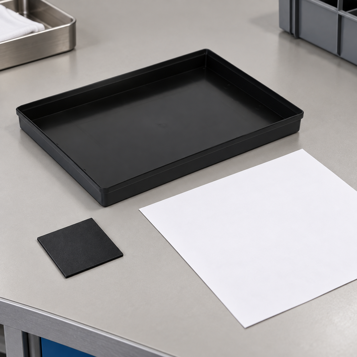 Shallow black ESD tray beside a blank material statement and polymer swatch