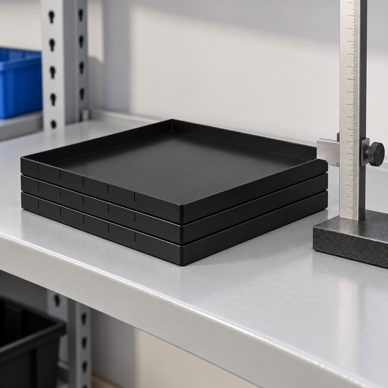 Short stack of black ESD trays beside a height=