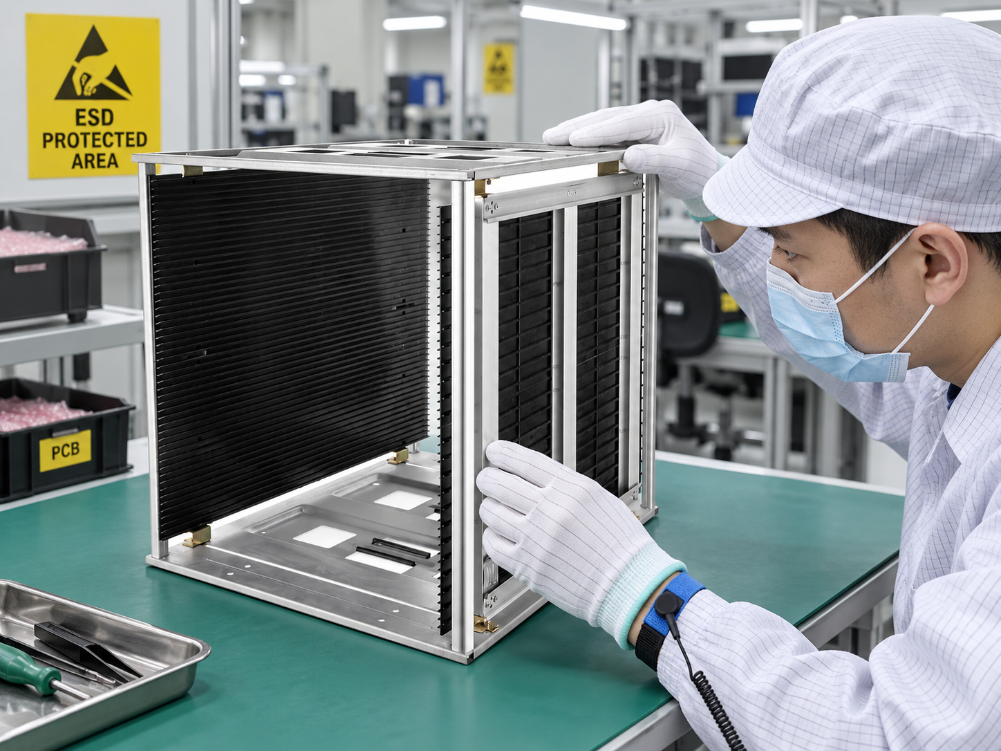 Technician visually inspecting the metal frame and black panels of an ESD PCB magazine rack