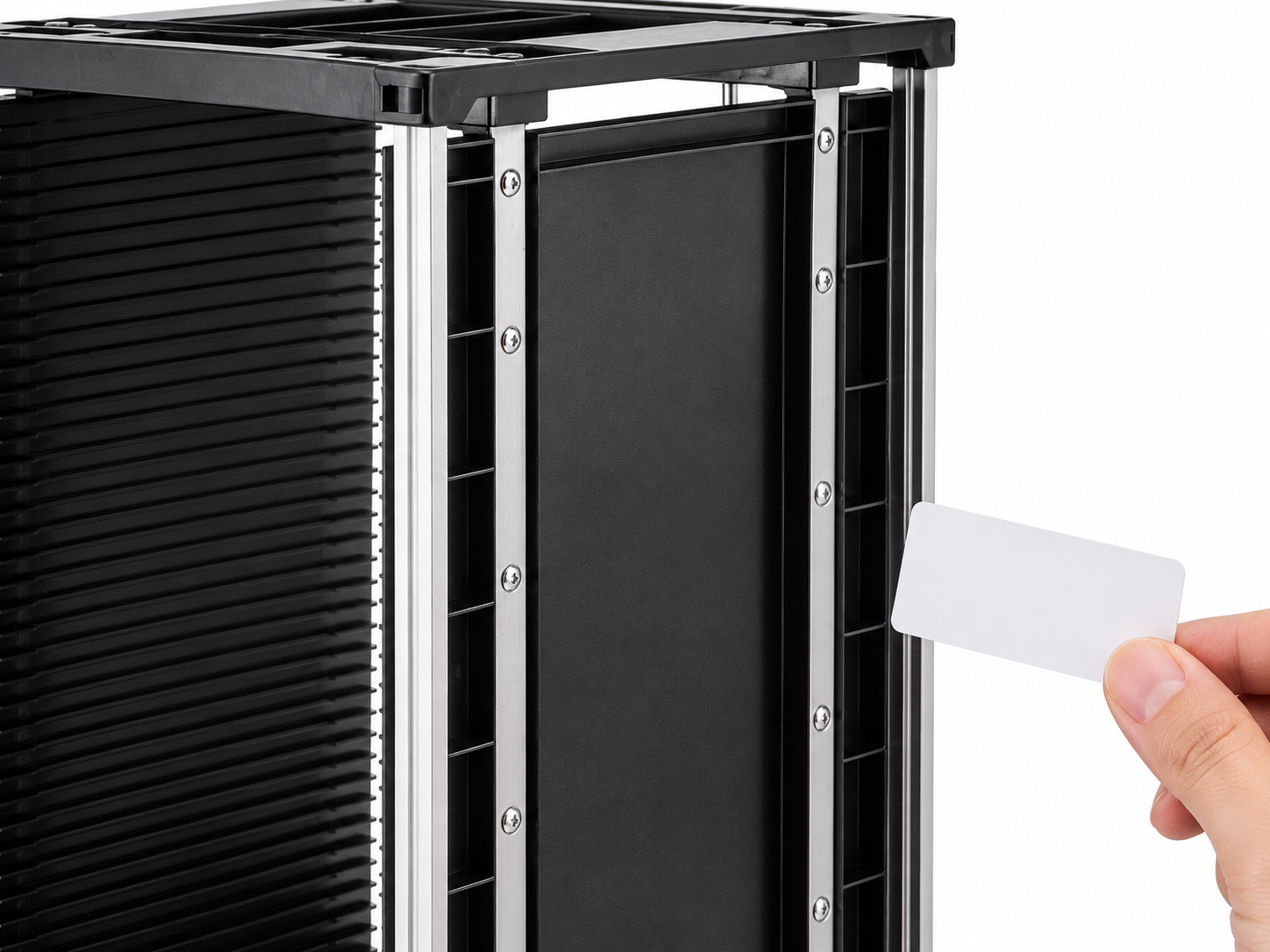 Black ESD magazine rack side panel beside a blank removable label card