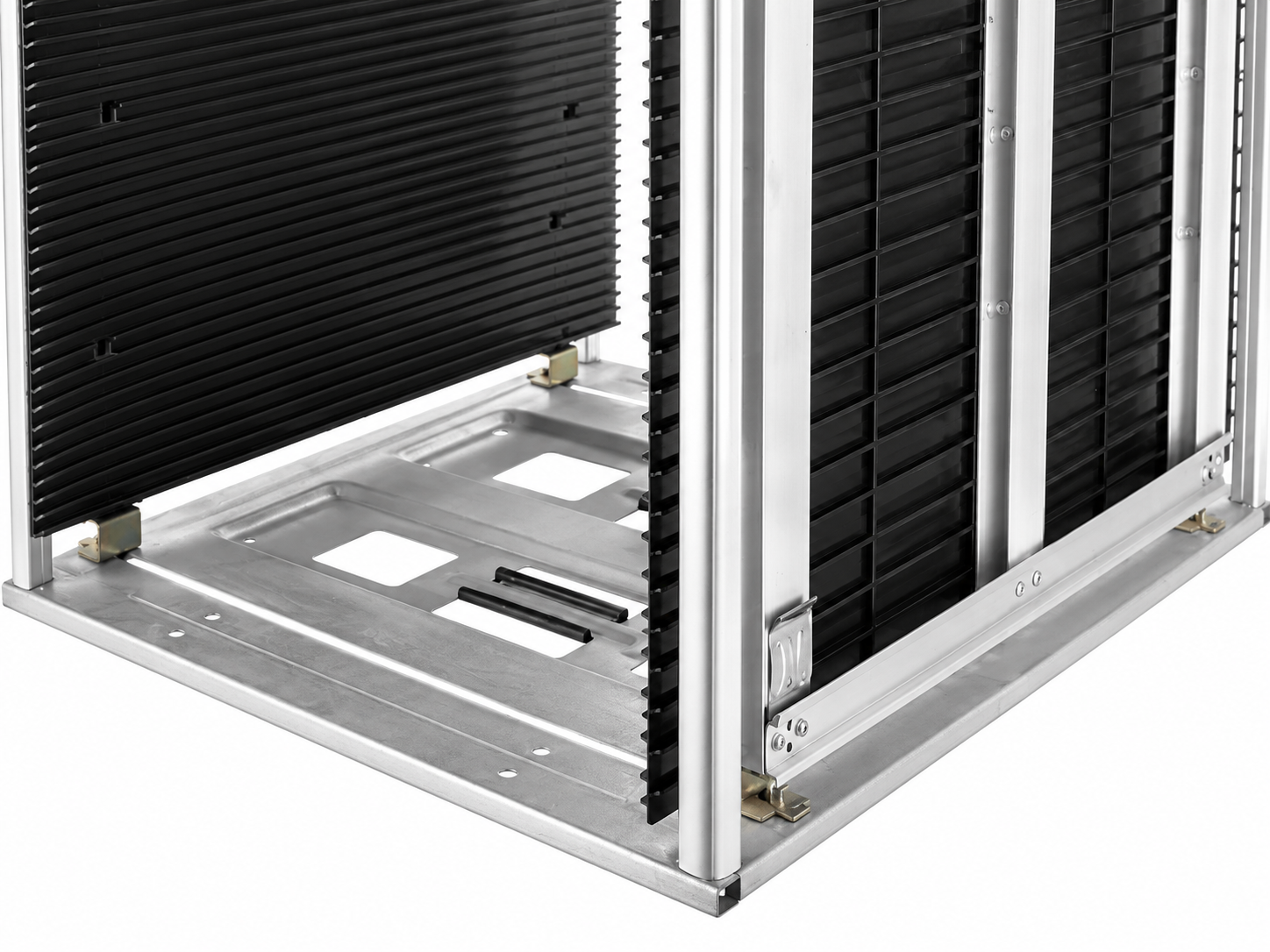 Close view of the base rails and black slot panels of a silver-frame ESD magazine rack