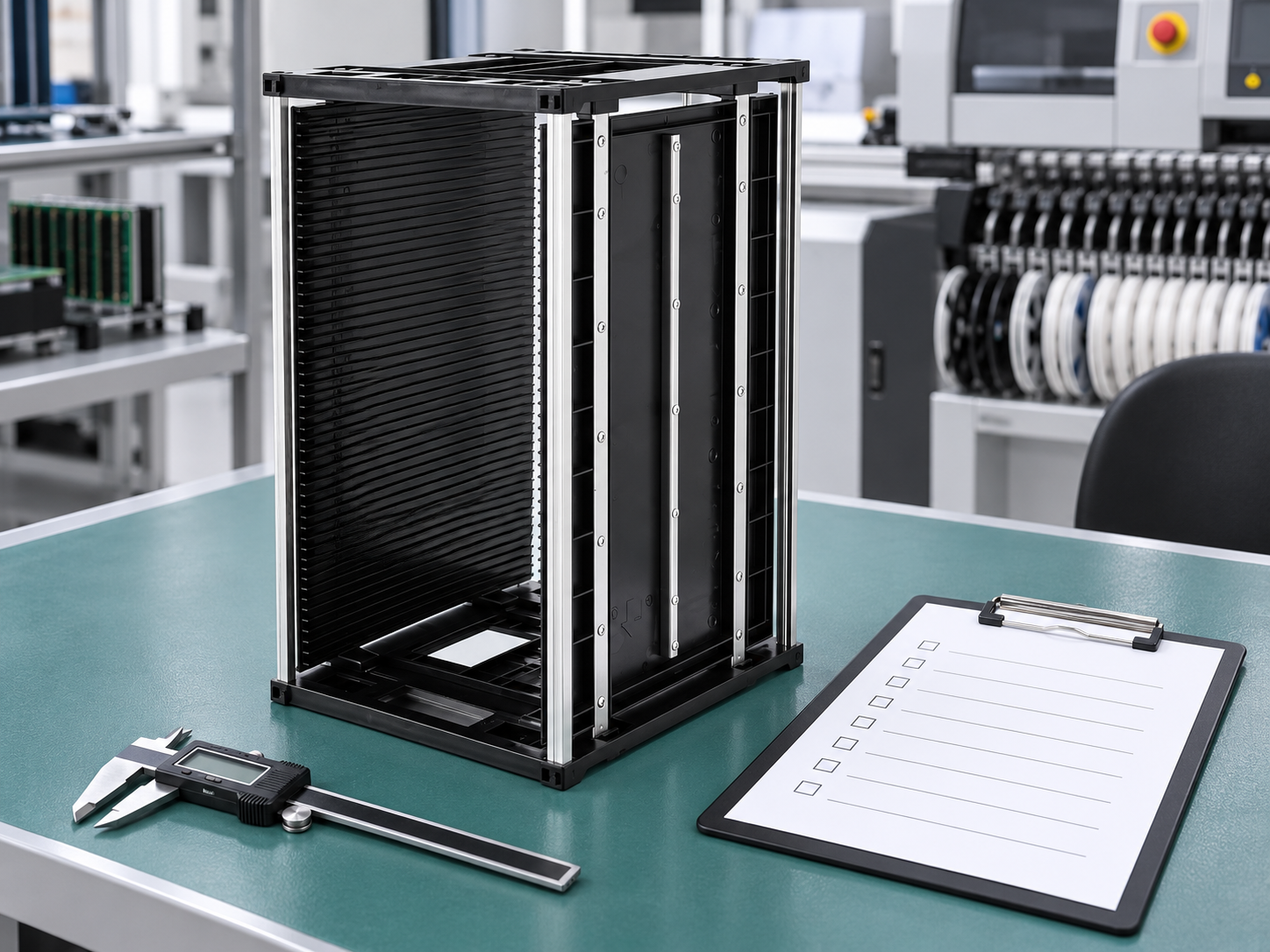 Black ESD magazine rack beside a blank inspection checklist and caliper