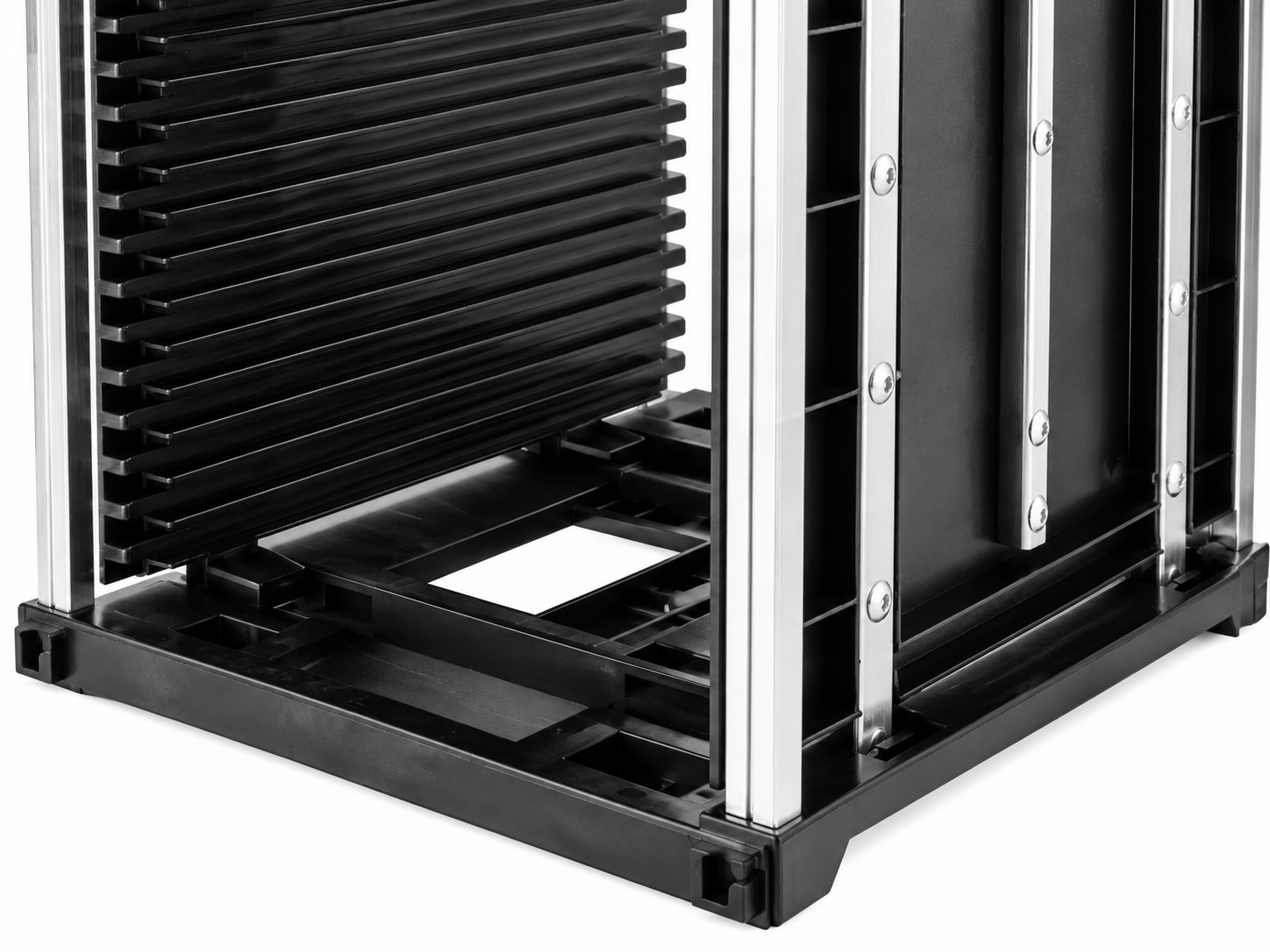 Close view of black PCB magazine-rack grooves, base and silver corner rods