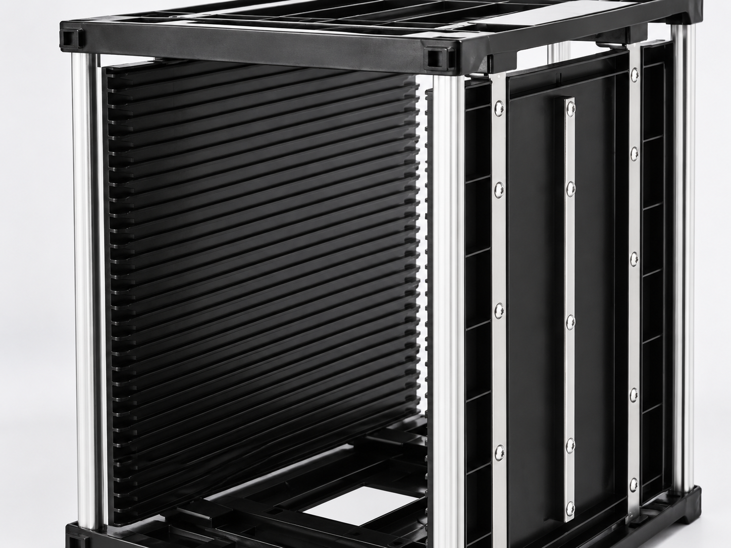 Close view of parallel slot grooves inside a black ESD PCB magazine rack