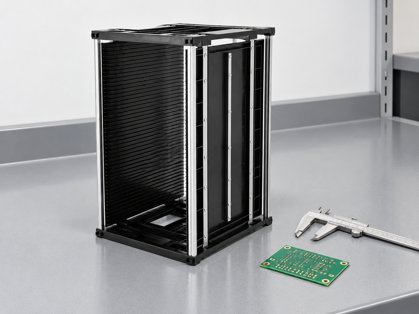 Black ESD magazine rack beside a caliper and an uninserted PCB sample