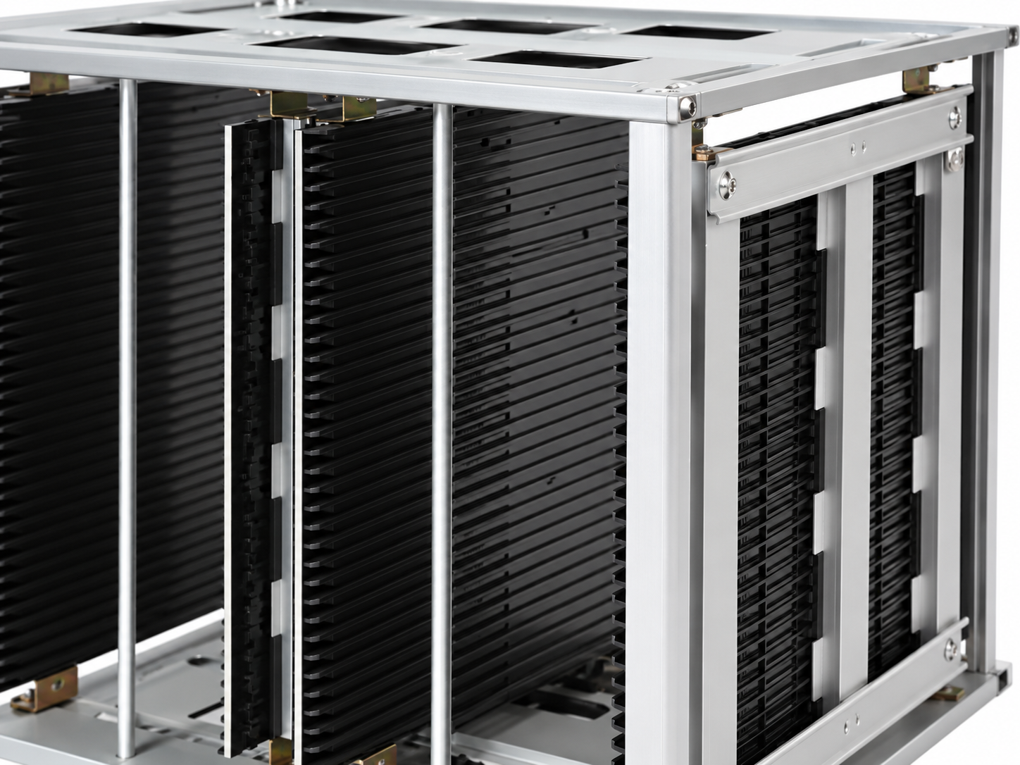 Close view of the metal frame joints and black slot panels of an ESD PCB magazine rack
