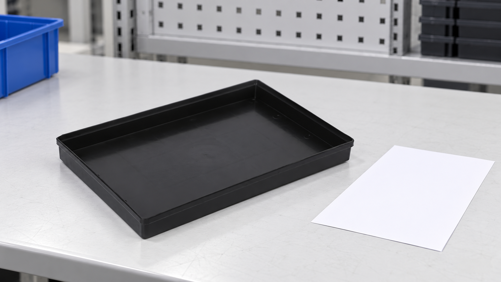 Shallow black SWESD ESD tray beside a blank specification sheet