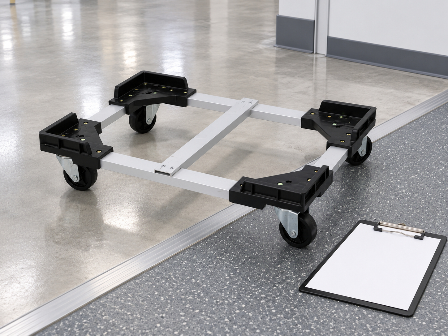 SWESD low-profile trolley beside a floor transition and inspection clipboard