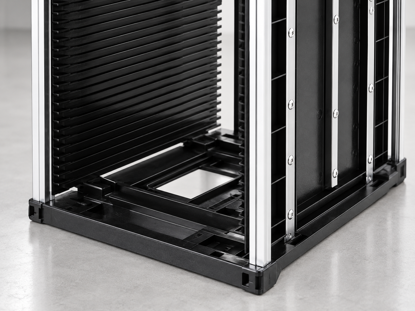 Base rails and grooved panels of the SWESD PCB magazine rack
