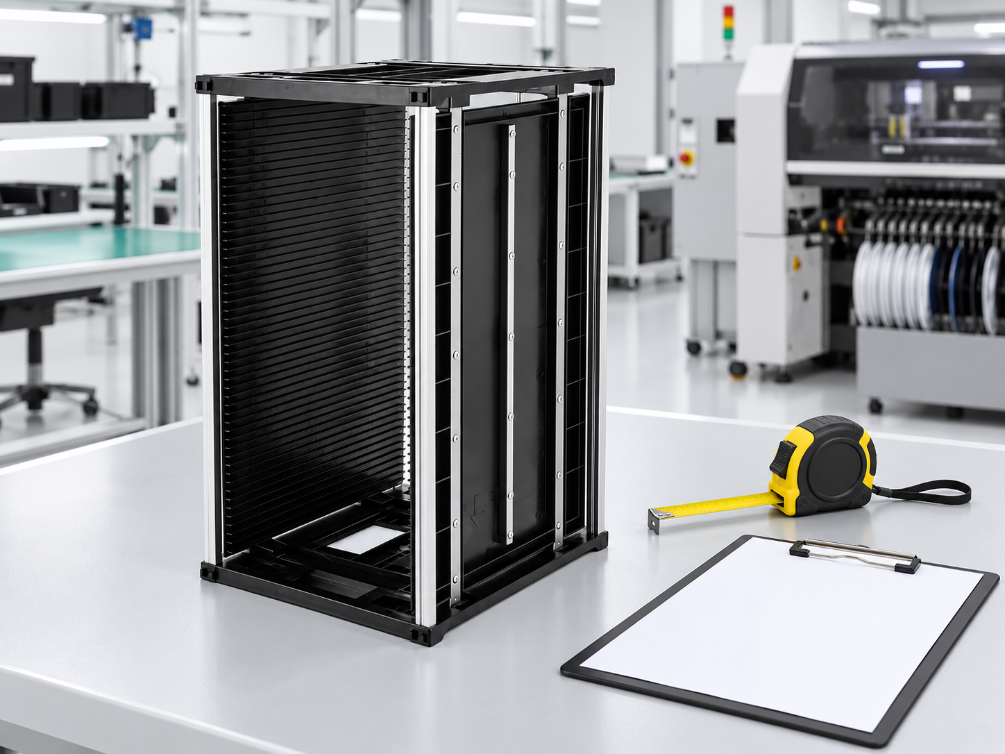 SWESD PCB magazine rack beside a tape measure and inspection sheet