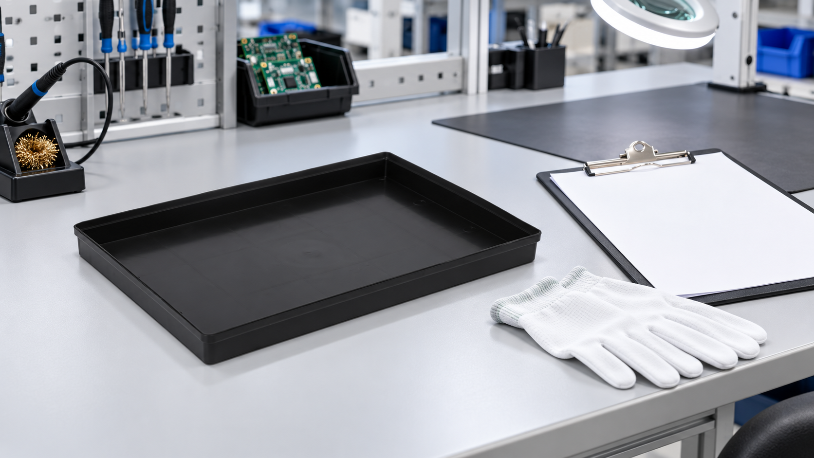 Shallow black SWESD ESD tray beside gloves and an inspection clipboard