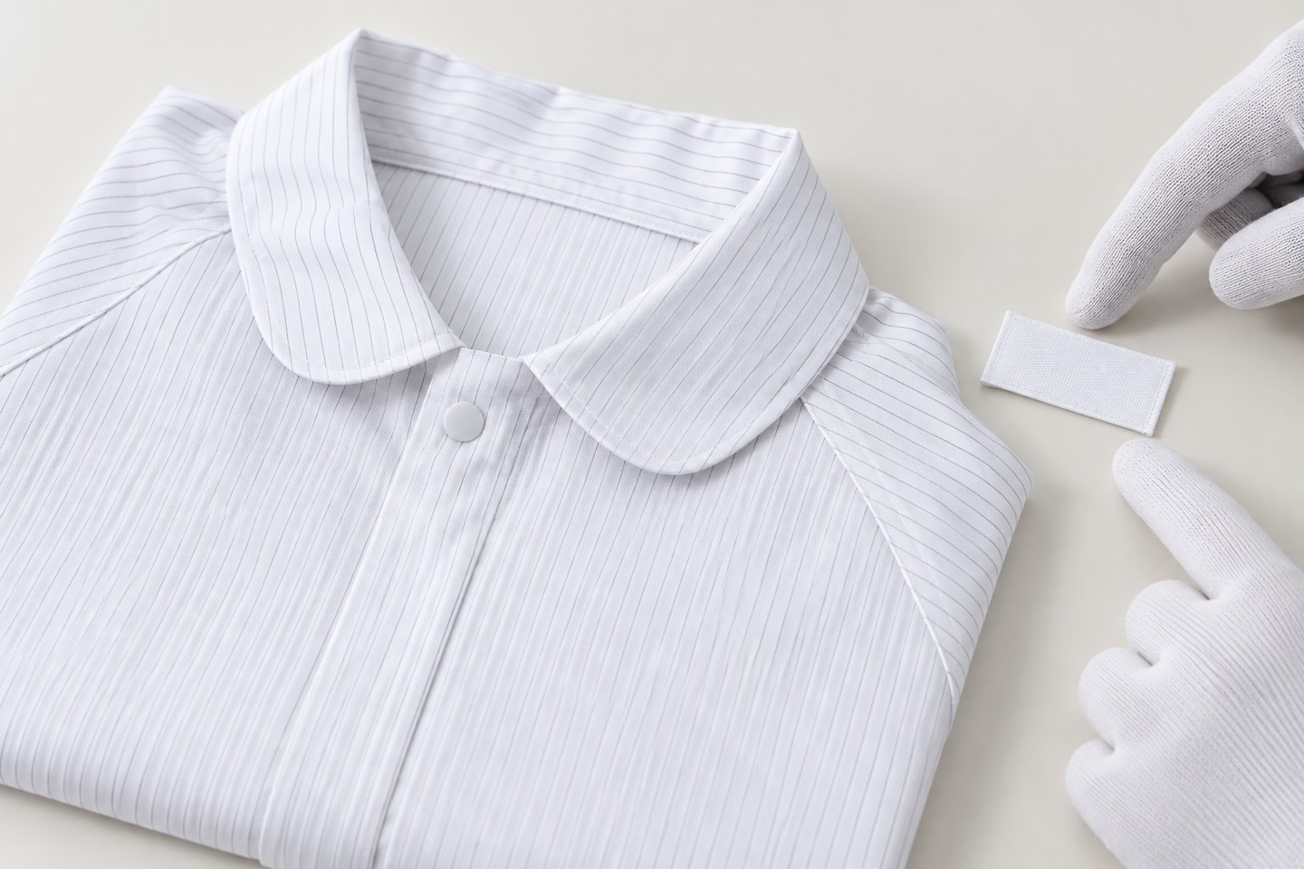 Collared pinstriped garment with an unattached identification sample beside it