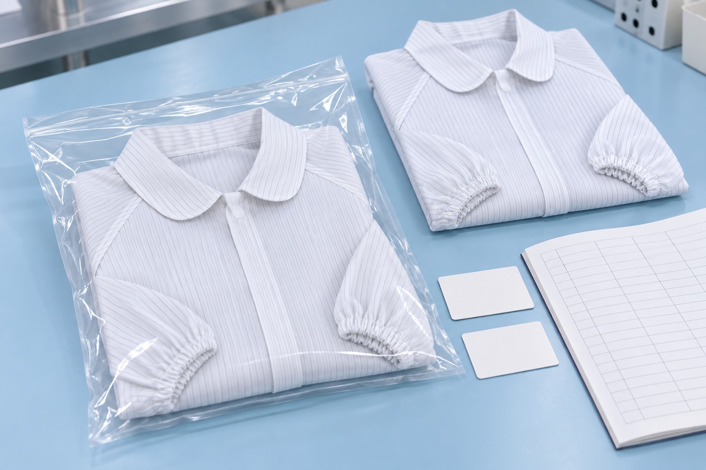 Bagged pinstriped cleanroom garment beside matching blank traceability cards