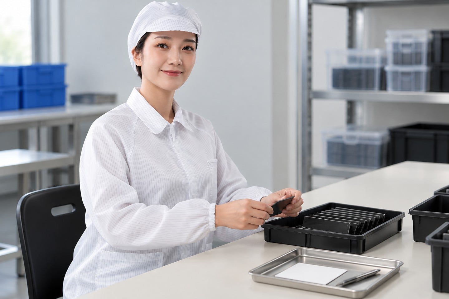 Worker in a white striped jacket keeping a blank card beside separate trays