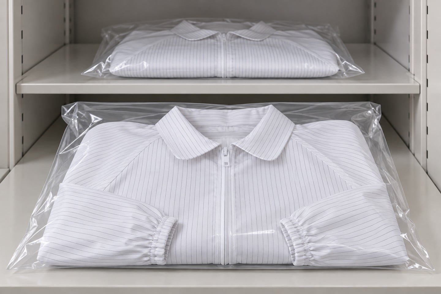 Separate shelf compartments holding bagged white striped garments