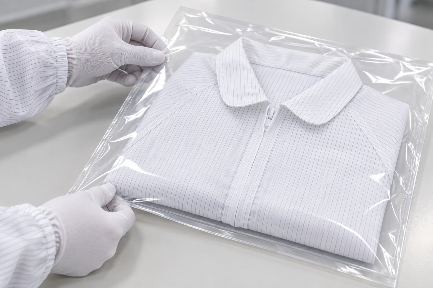 Gloved hands checking a clear garment bag containing a folded white striped jacket