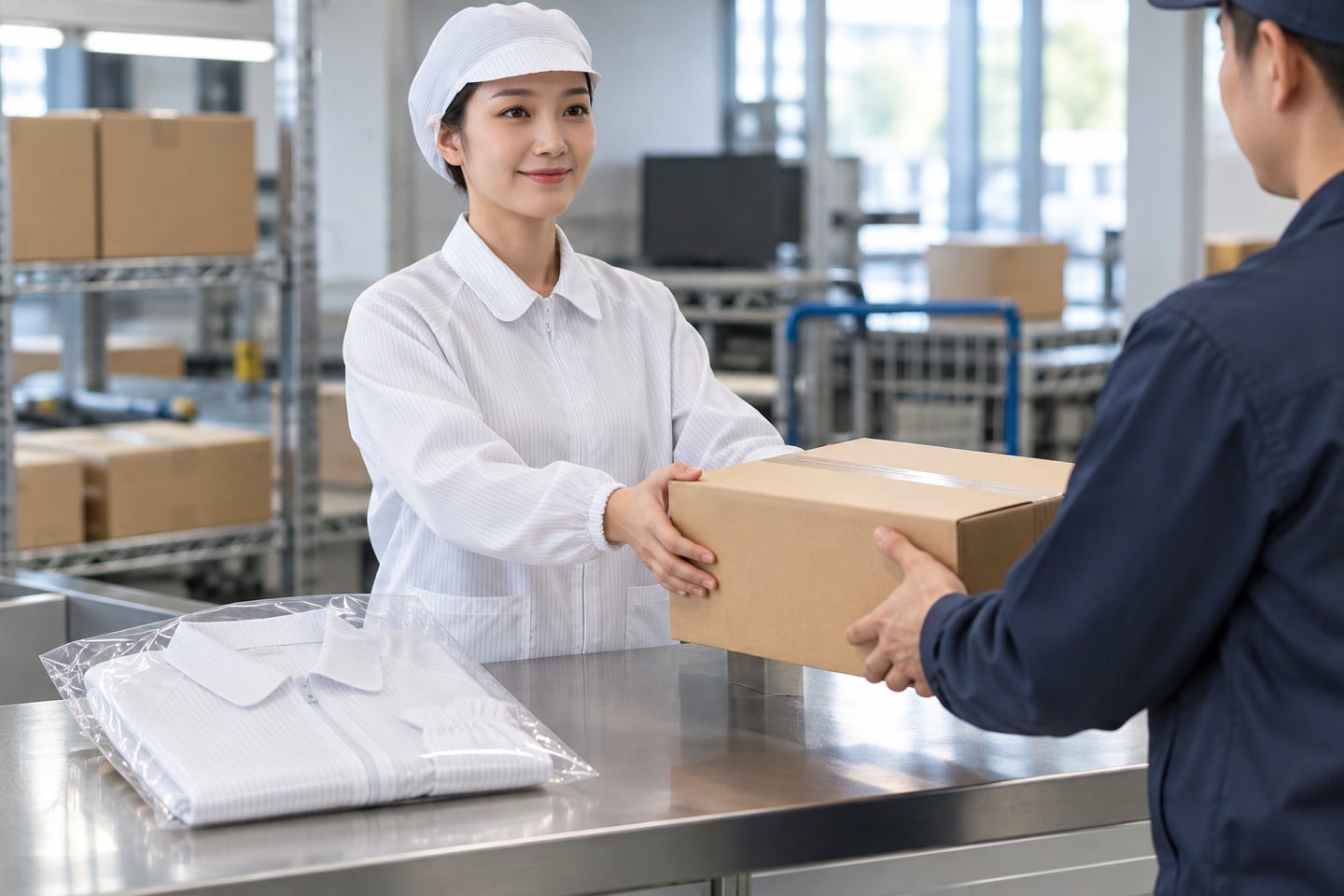 Worker in a white striped jacket handing over a closed carton beside bagged garments