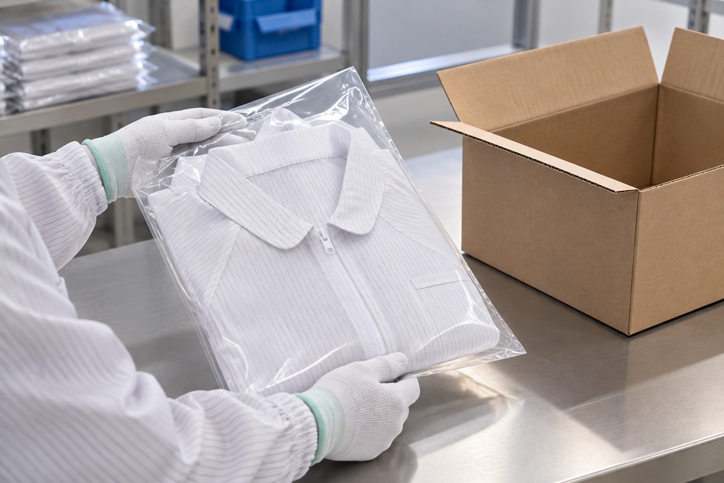 Gloved hands holding a closed bag containing a white striped jacket beside a carton