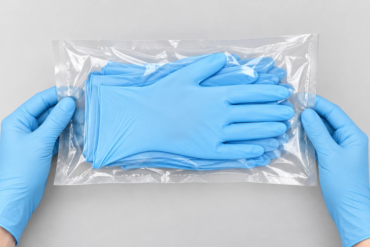 Blue-gloved hands holding the edges of a closed clear glove pouch