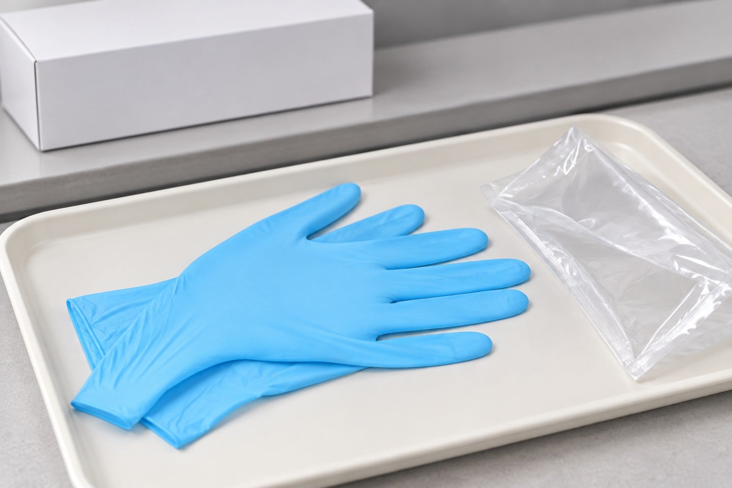 Blue nitrile gloves on a pale tray beside an opened empty pouch