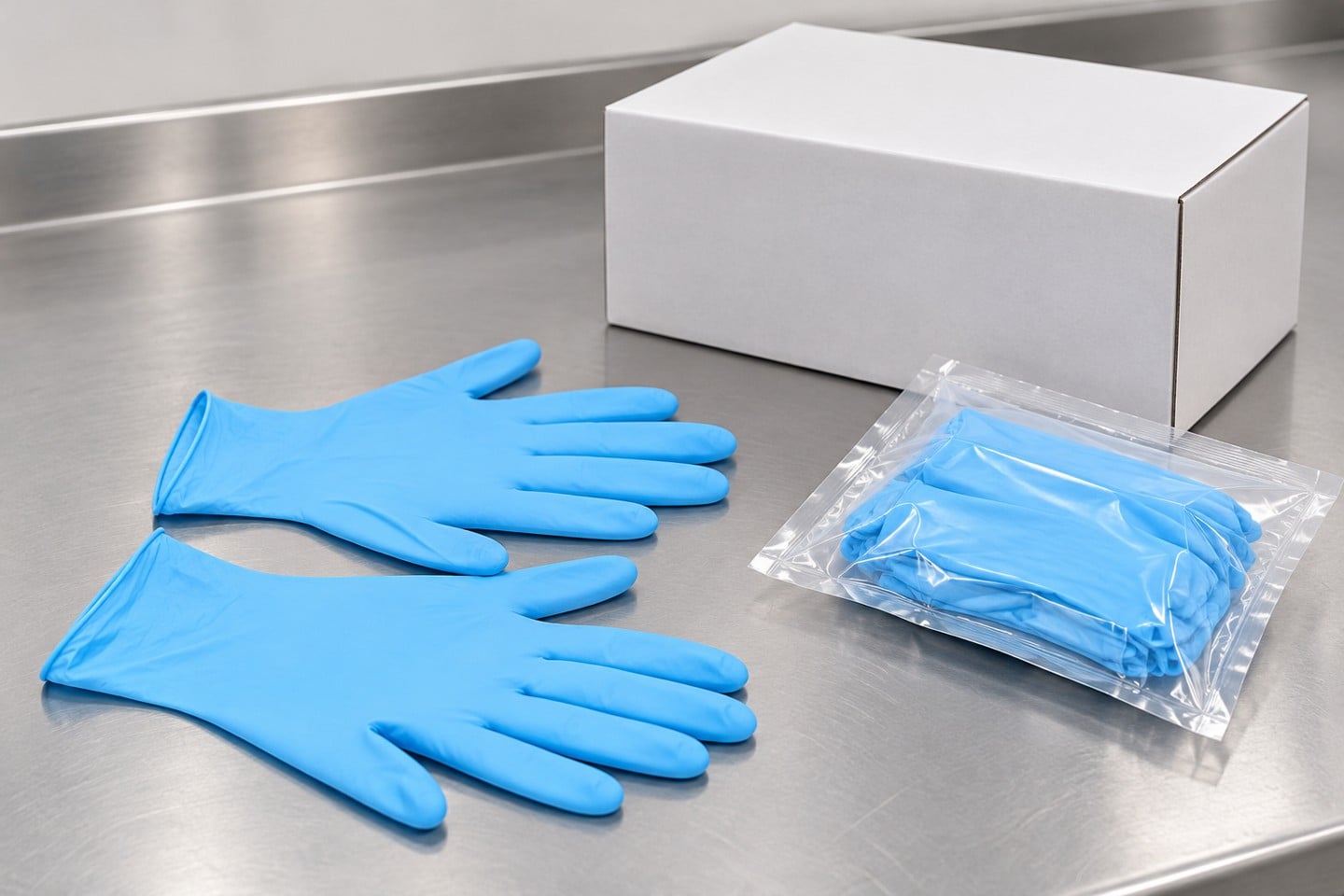 Blue nitrile gloves beside a conceptual clear pouch and unmarked carton