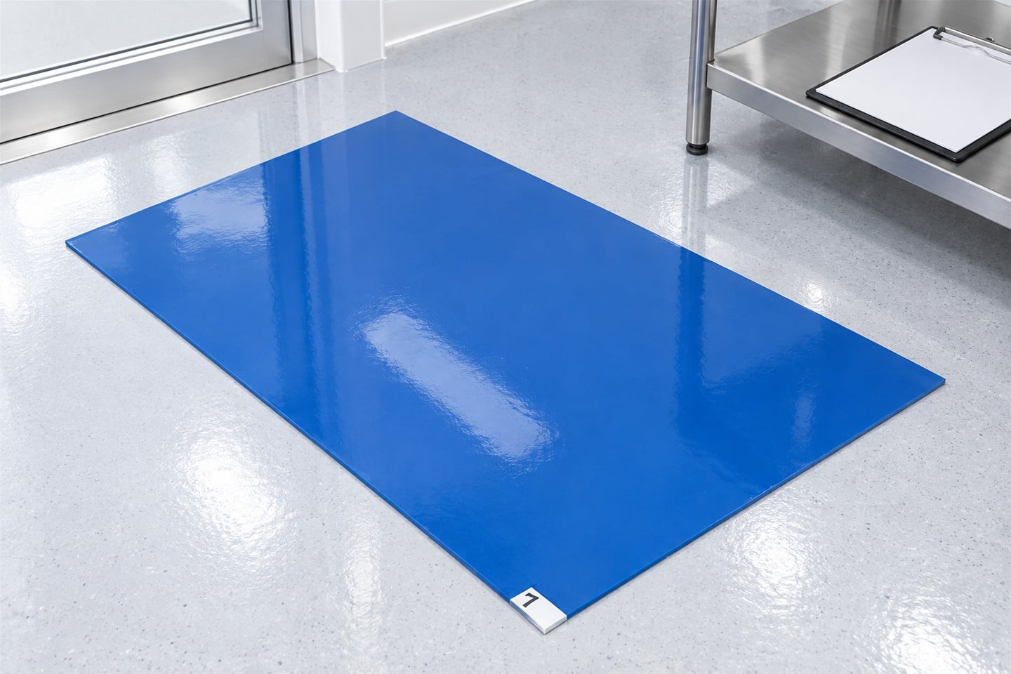 SWESD blue adhesive mat with a blank evaluation record nearby