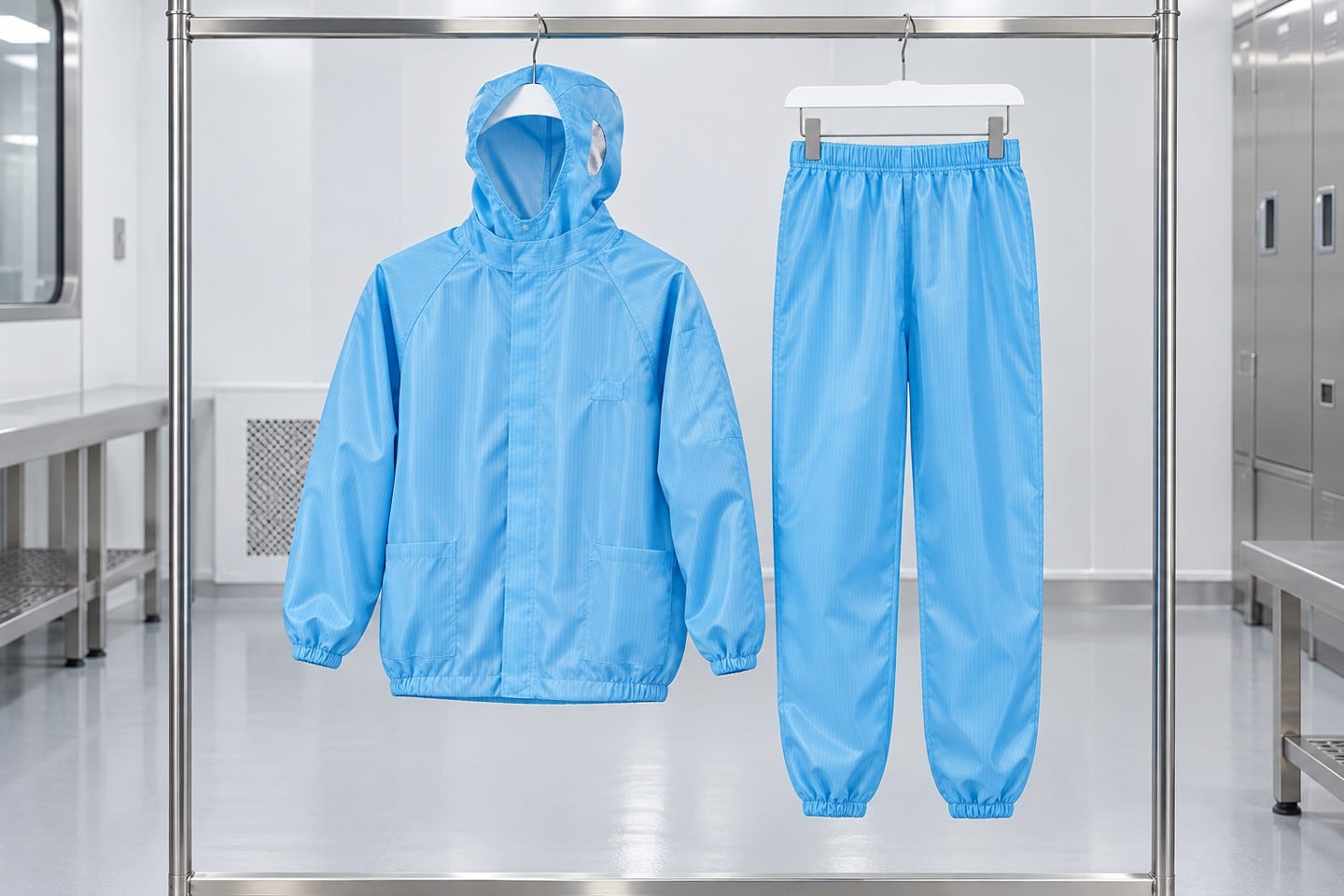 Blue hooded two-piece suit hanging in an empty gowning area