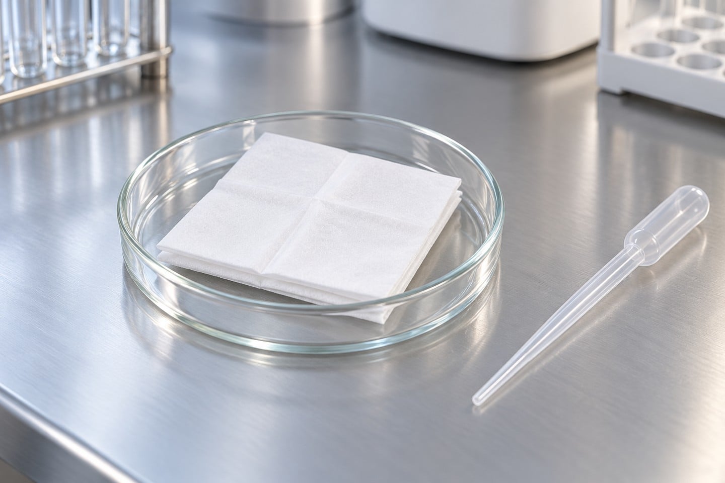 White SWESD wiper folded in a clean specimen dish