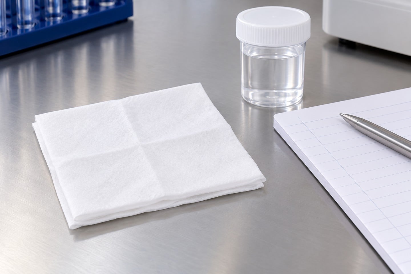 Folded white SWESD wiper prepared for a documented extraction study