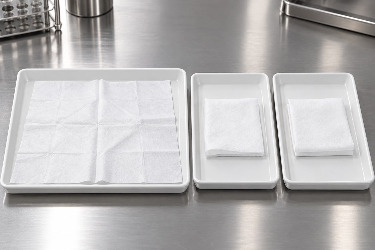 Separate white SWESD wipe specimens arranged in clean sample trays