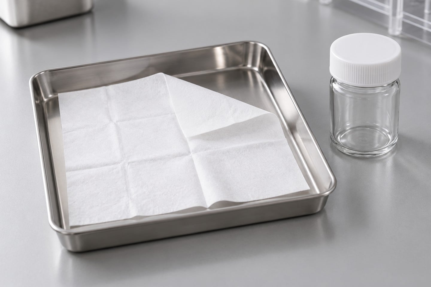 Reference-based SWESD cleanroom wipe beside a closed specimen bottle