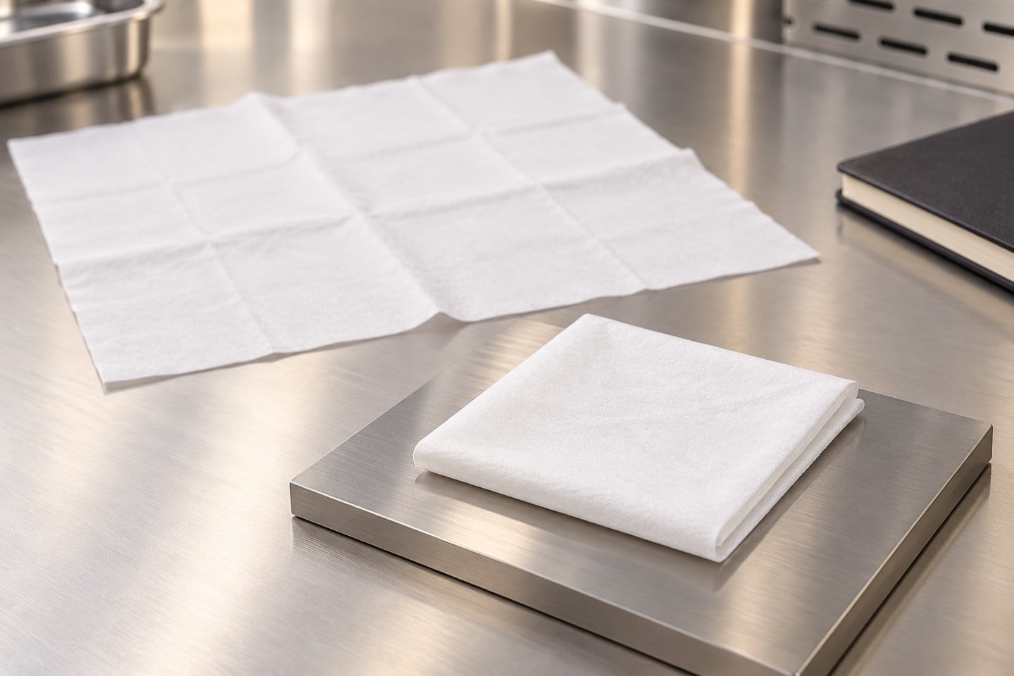 Folded SWESD cleanroom wipe on a clean metal coupon for process trial planning
