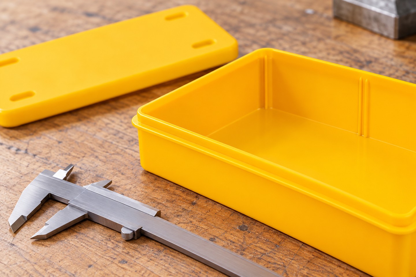 Yellow SWESD bin rim and interior beside a measuring tool
