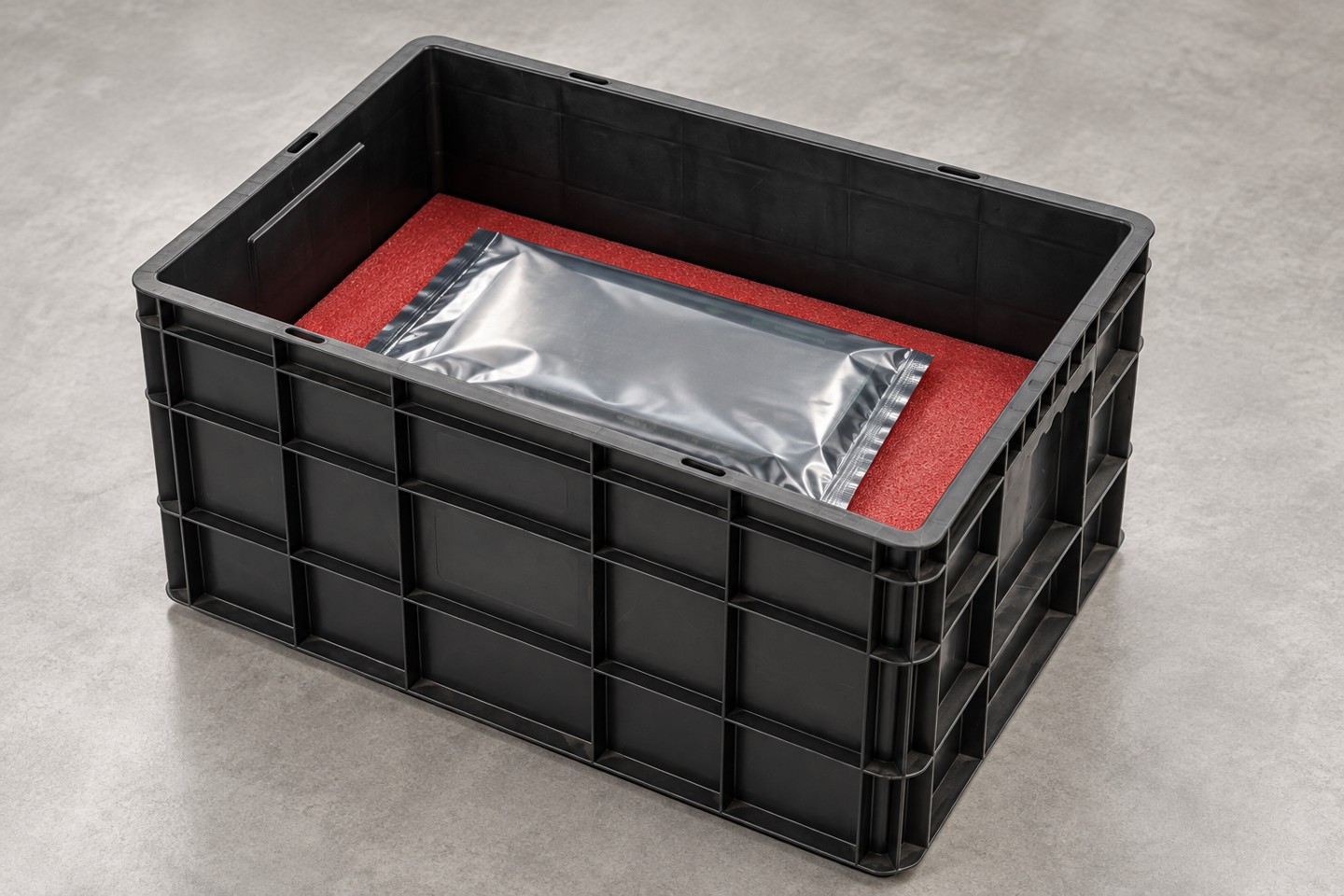 A sealed component package resting on a foam-lined tote base