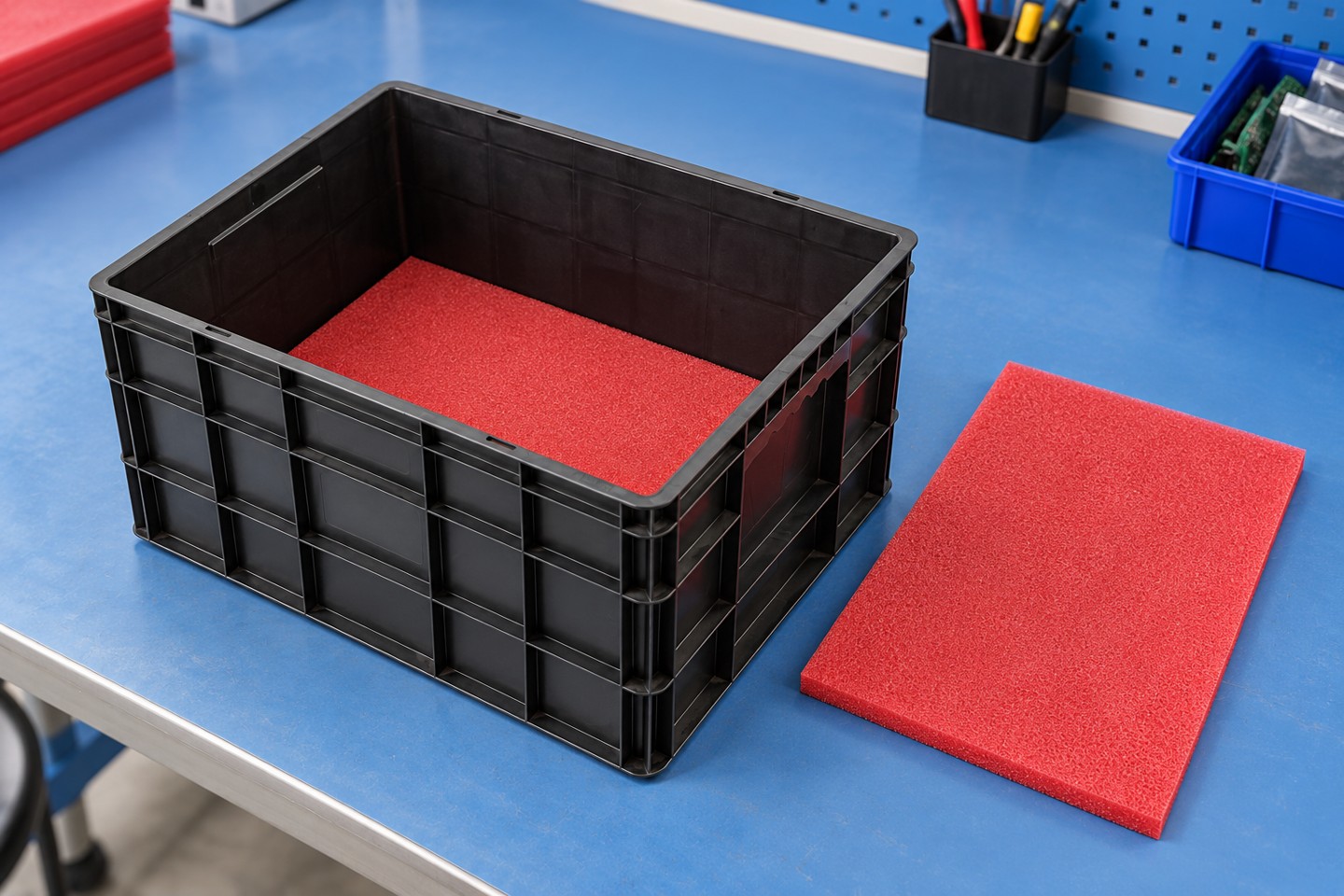 Red foam sheets and a black electronics tote