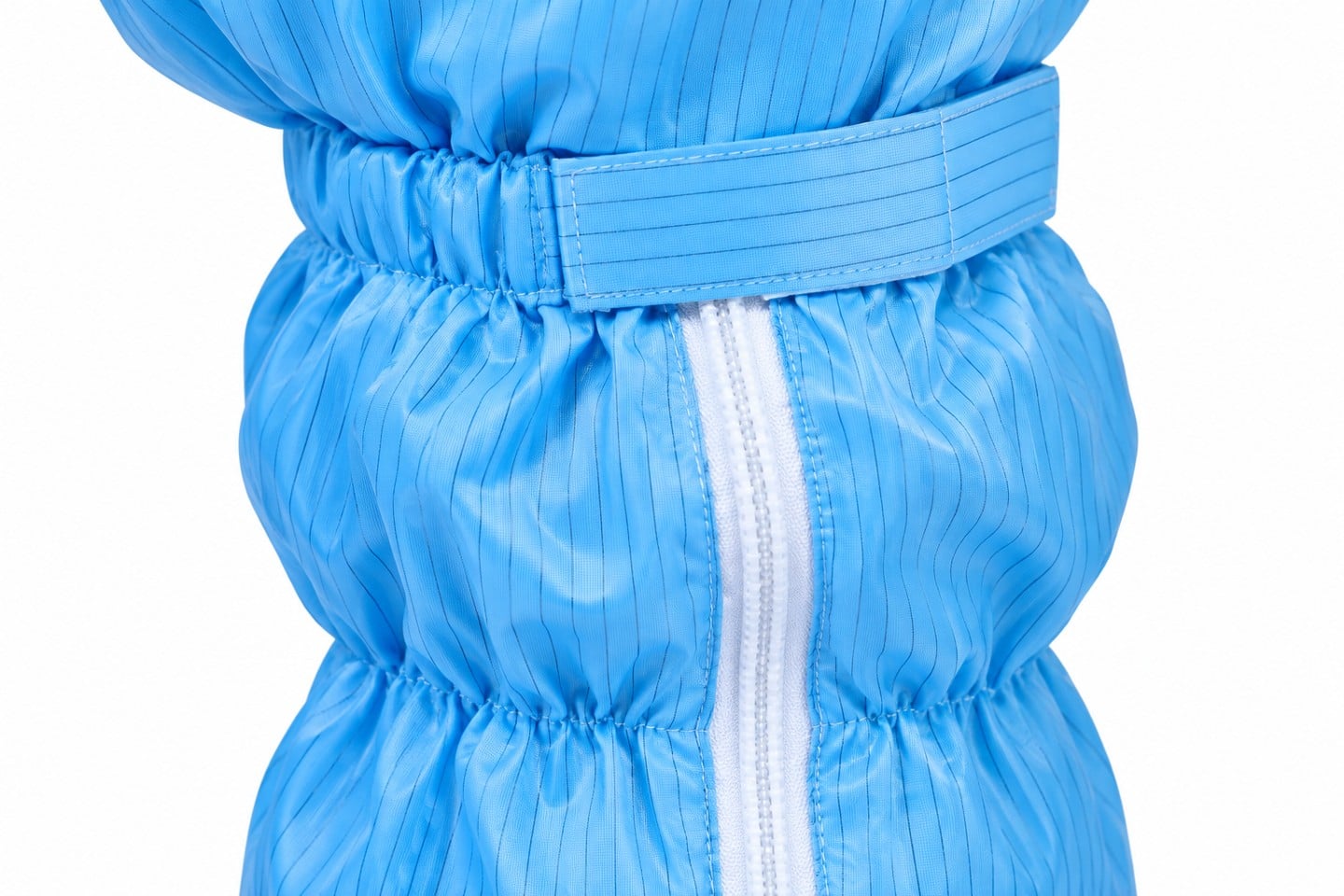 Blue high boot zipper and upper adjustment band detail