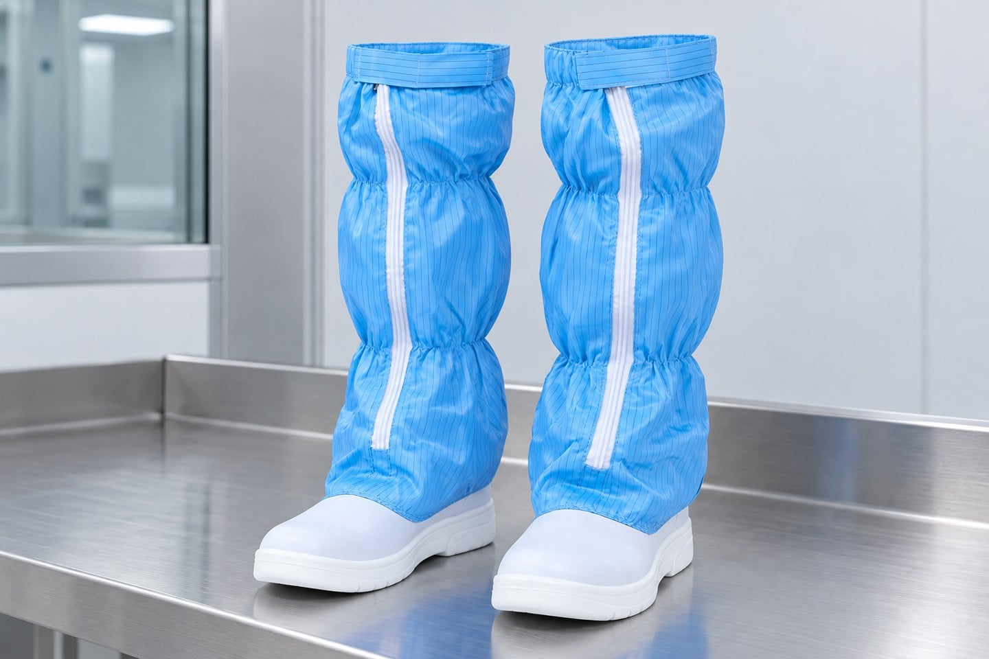 Blue high cleanroom boots on a gowning bench