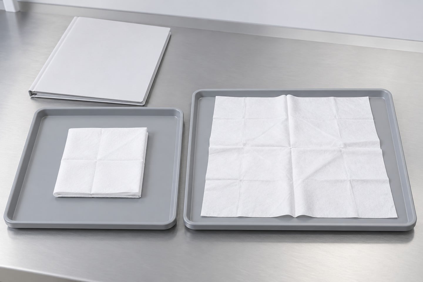 Folded and unfolded SWESD white cleanroom wipes on separate receiving sample trays