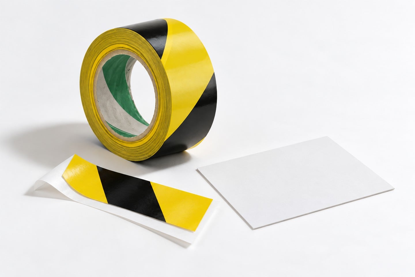 Hazard marking tape and a detached strip beside a compatibility trial card
