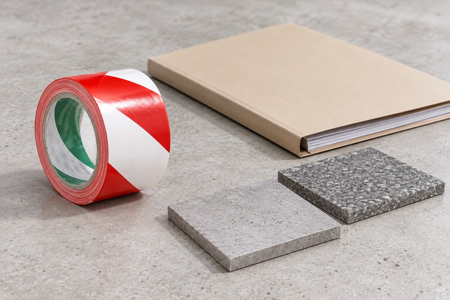 Red and white floor marking tape beside separate floor sample tiles