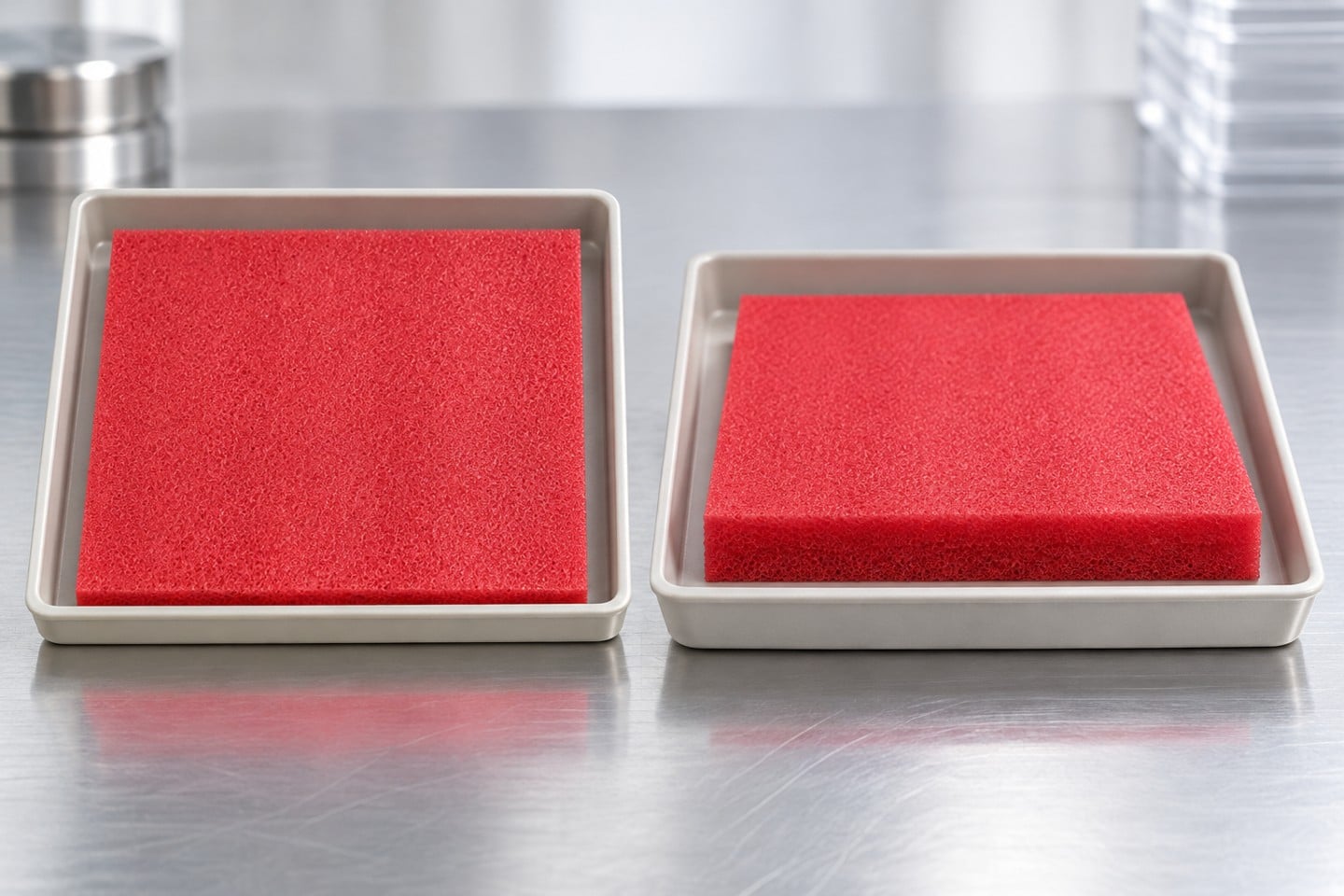Separate pink-red SWESD foam specimens arranged for thickness and condition review