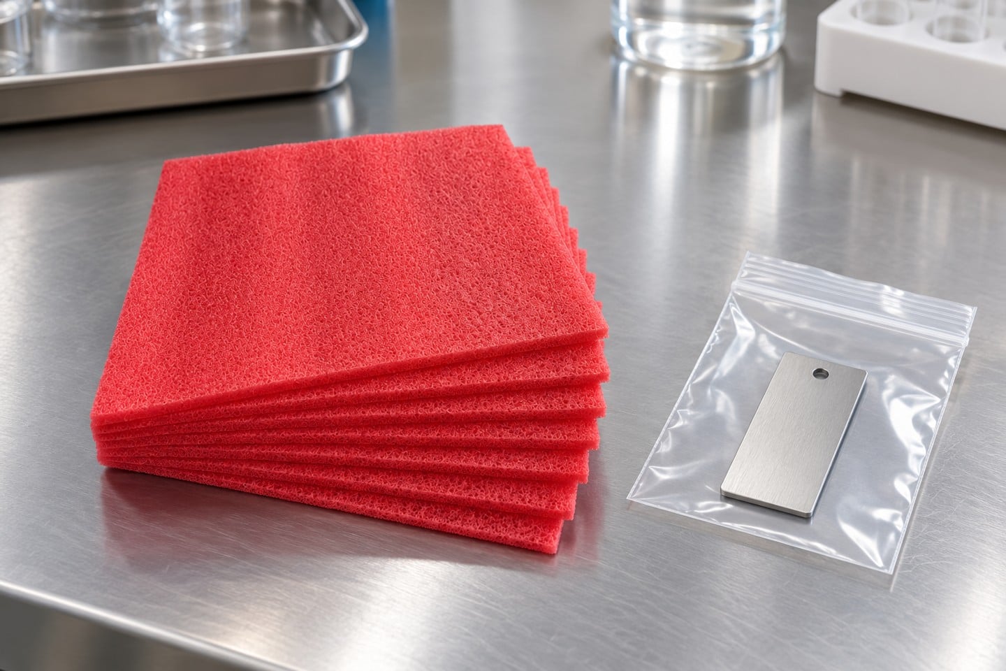 Pink-red SWESD foam sheets beside a separate sealed metal witness specimen