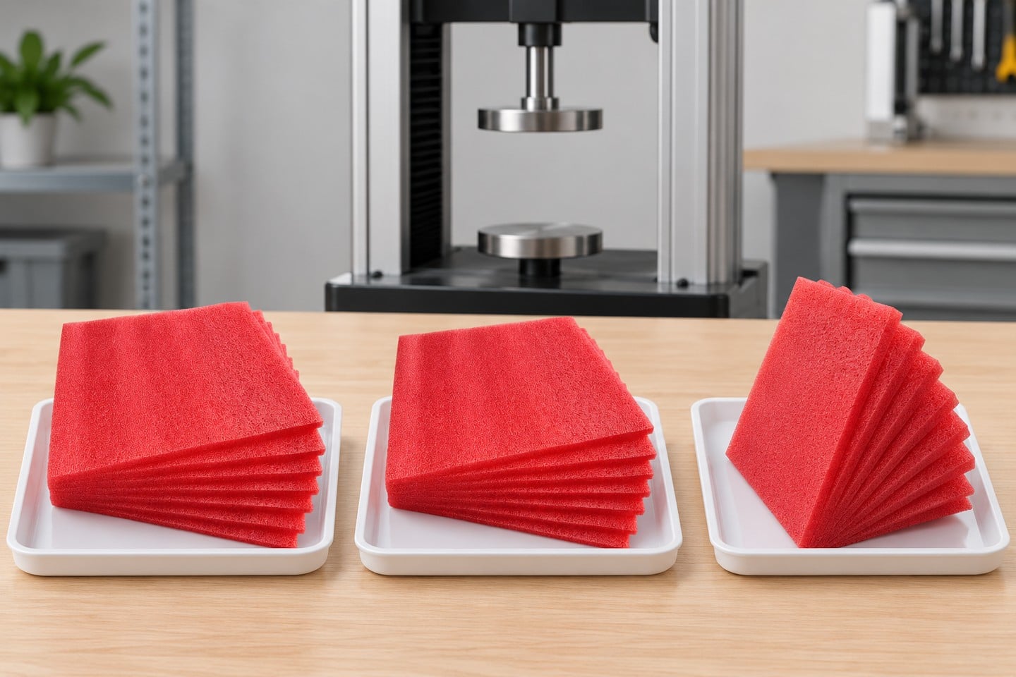 Separate pink-red SWESD foam specimens arranged for material comparison