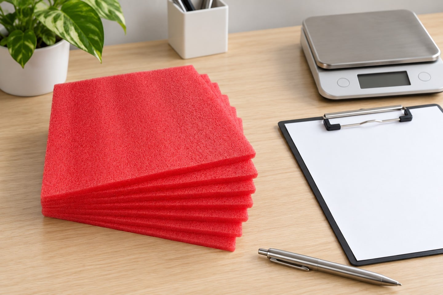 Pink-red SWESD foam sheets prepared for a material specification review