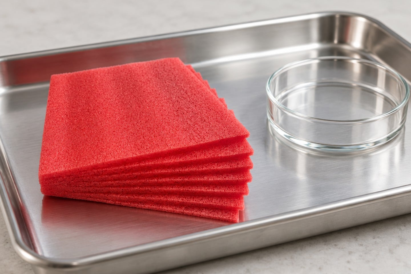 Dry pink-red SWESD foam sample on a clean inspection tray
