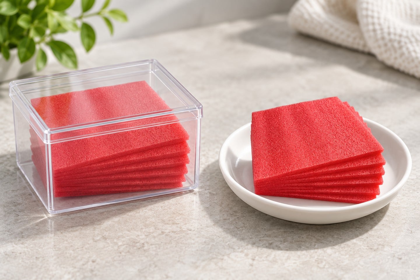 Separate pink-red SWESD foam specimens in controlled sample states