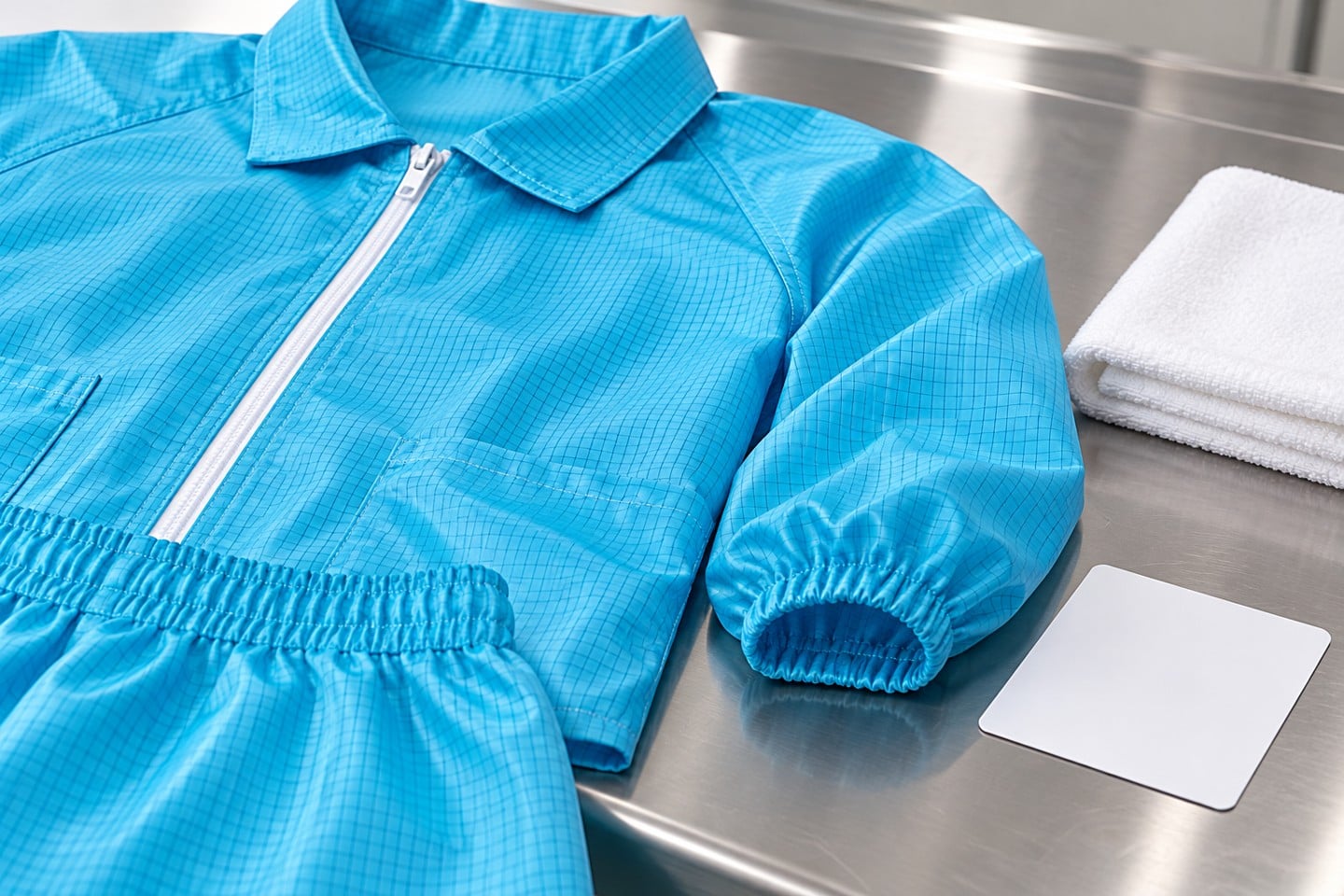 Blue cleanroom garment zipper and elastic cuffs on an inspection table