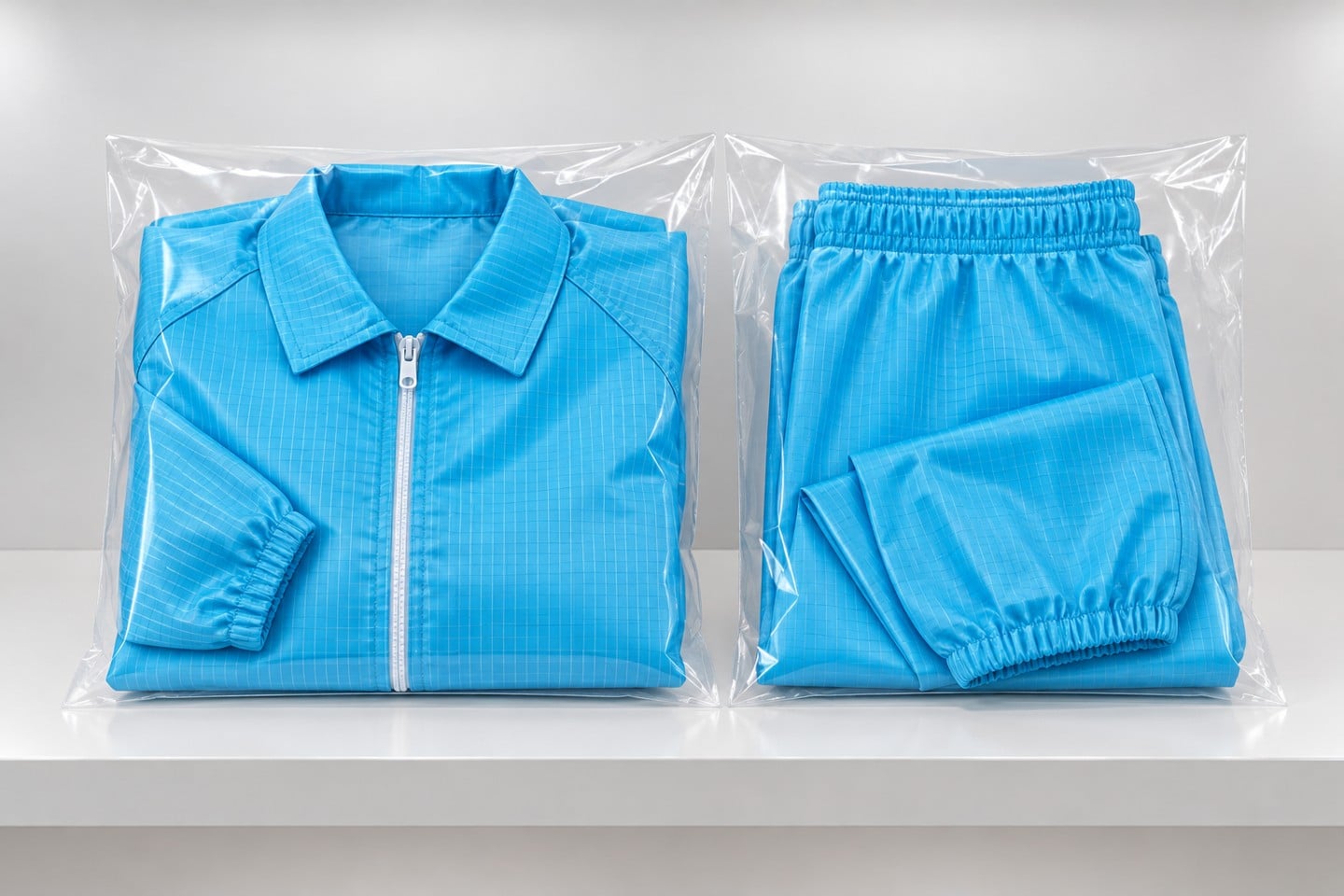 Blue cleanroom jacket and trousers separately bagged after handling