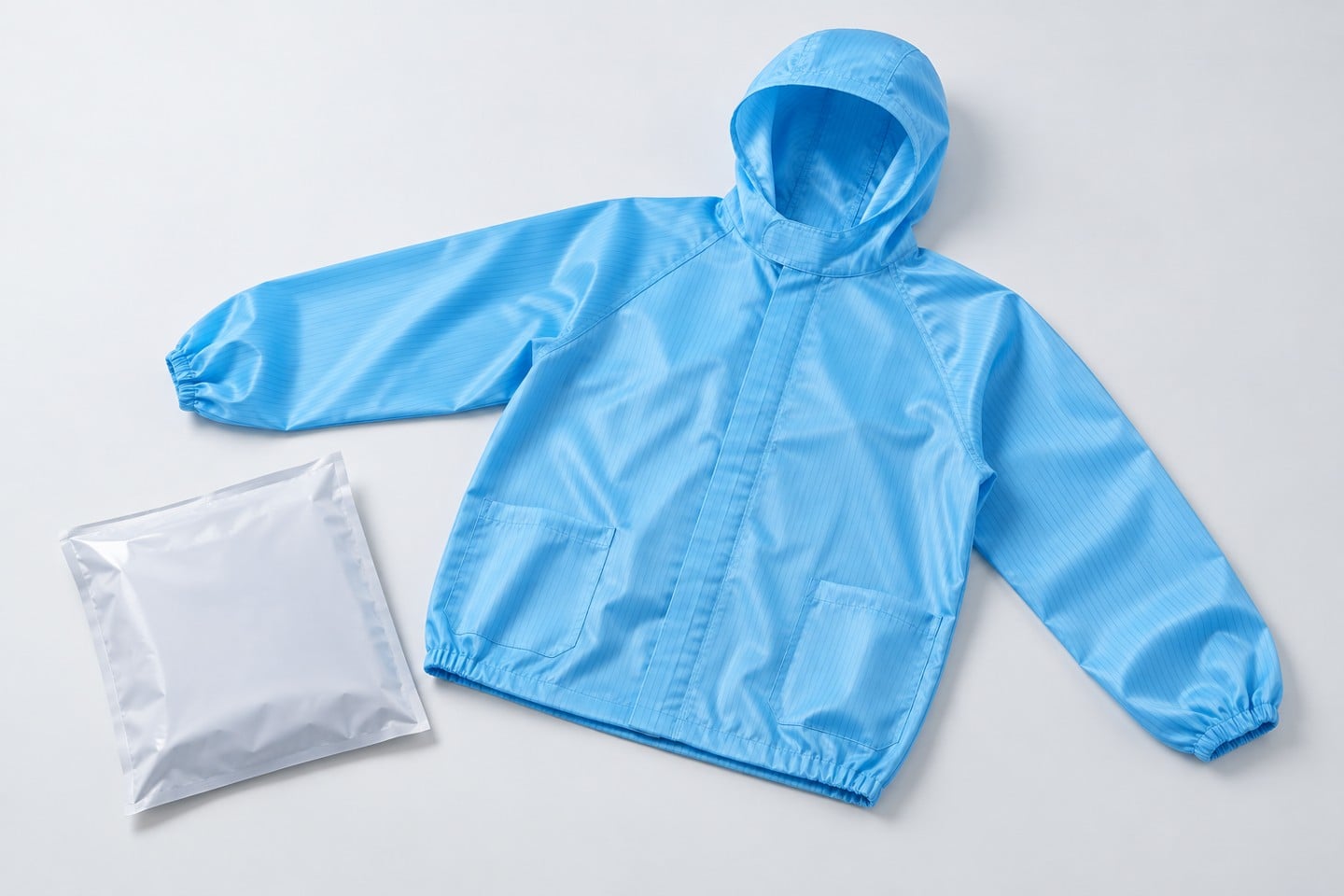 Blue hooded garment panels and sleeves prepared for inspection