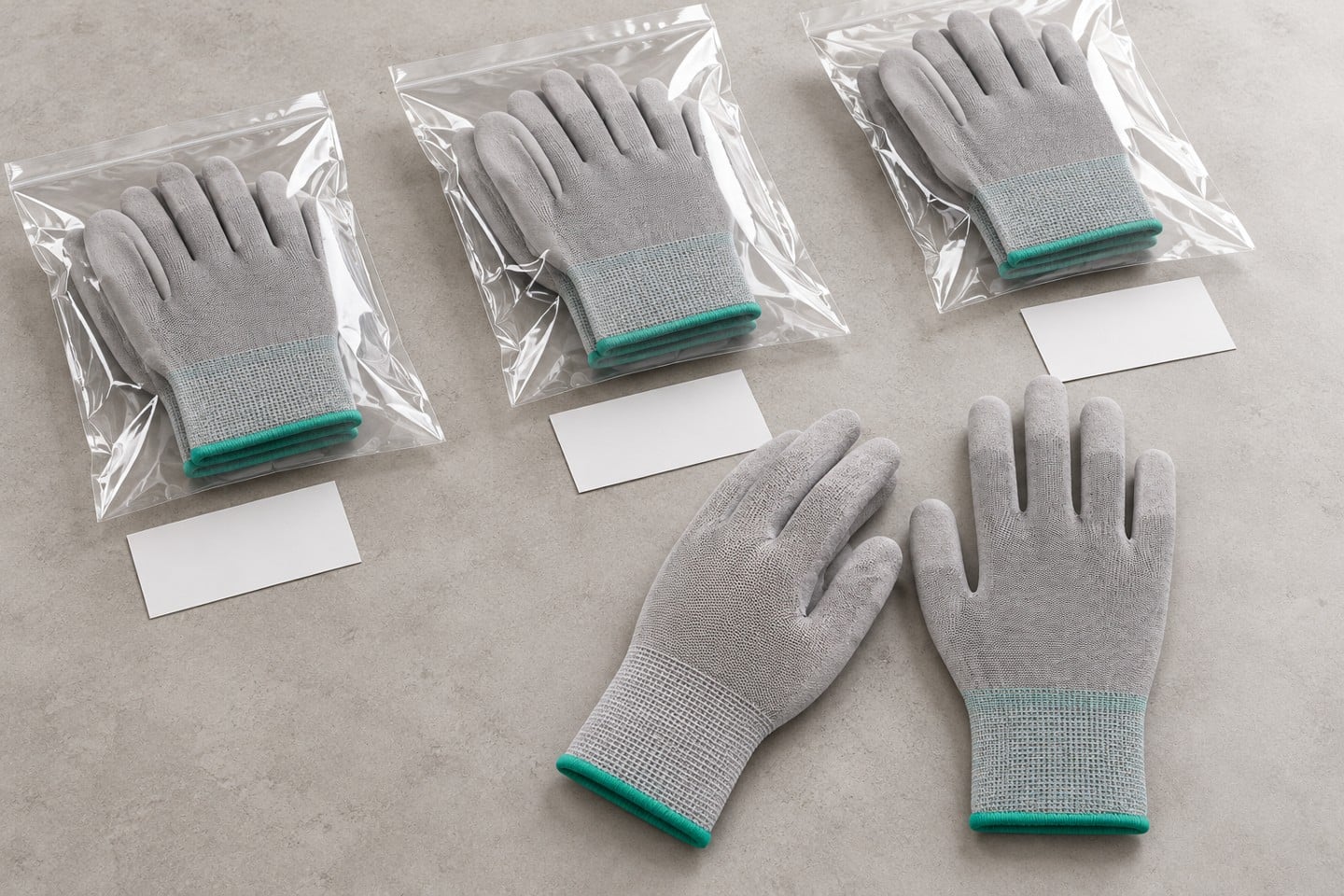 Grey knit glove packs separated beside blank batch cards